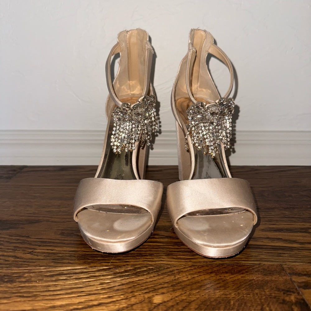Badgley Mischka Champagne Satin Heels with Crystal Embellishments